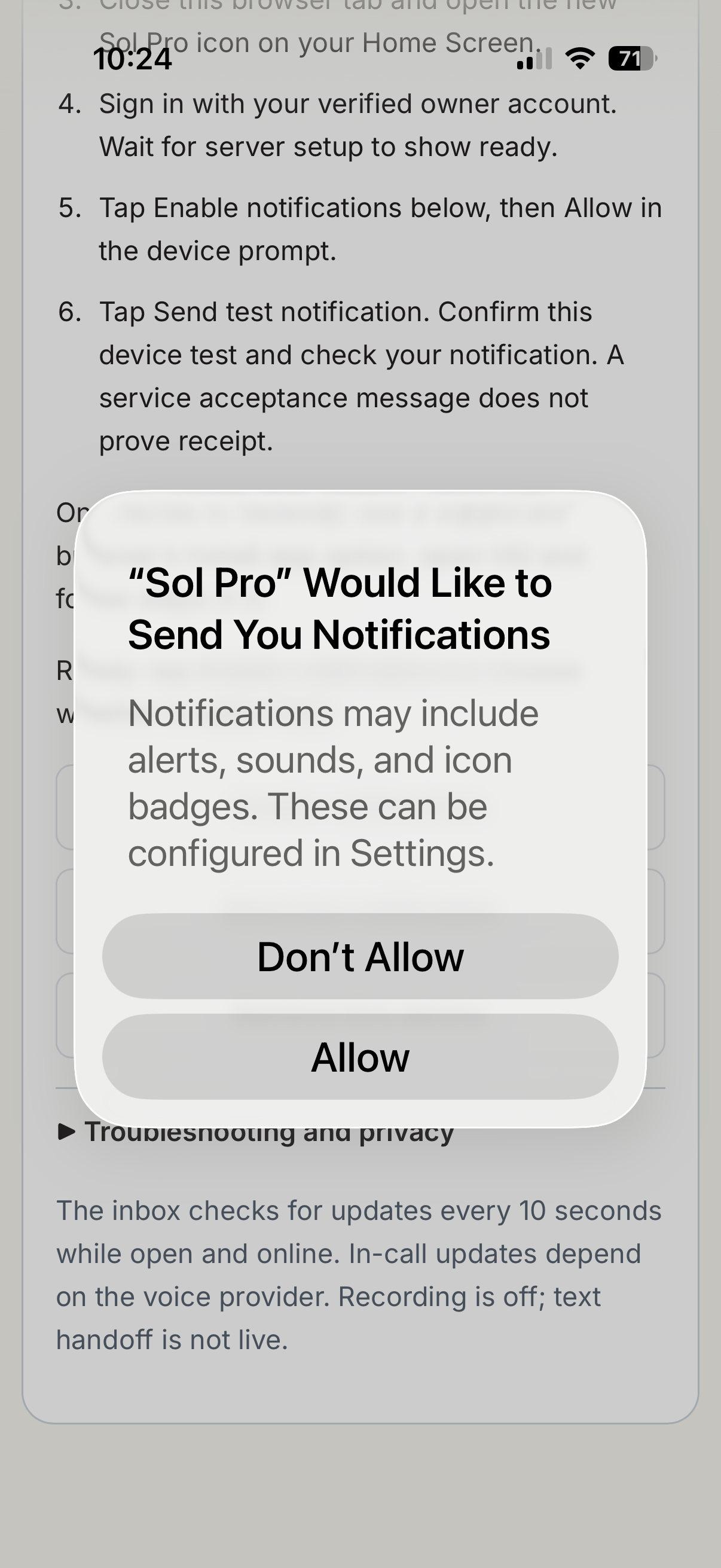 Arrow points to Allow in the real iPhone notification prompt.