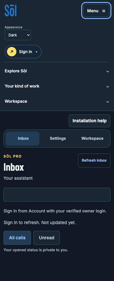 Current app Menu shown open: first tap Menu at the upper right, then Sign in below Appearance.