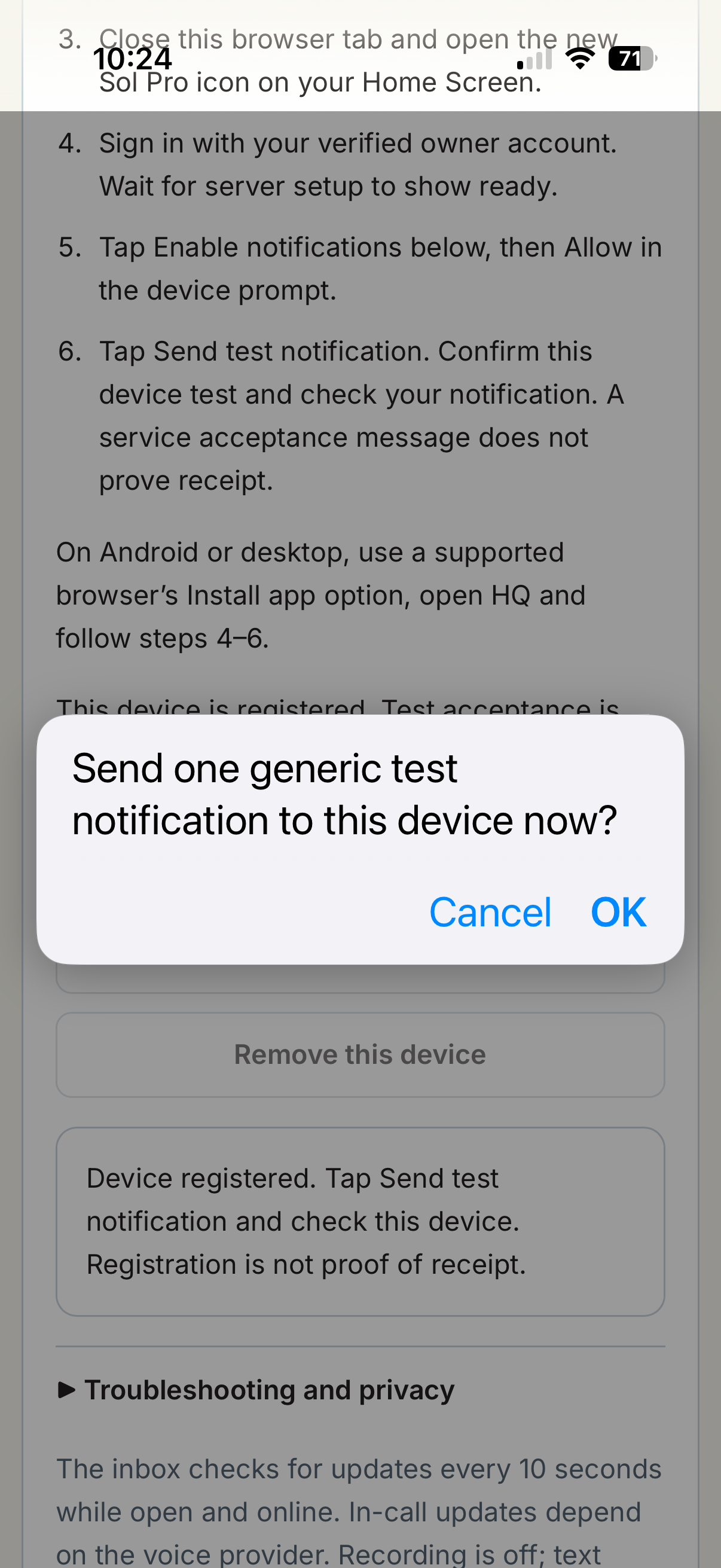 Arrow points to OK in the test confirmation.